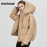 Women Thick Warm PU Faux Leather Padded Coat 2021 Winter Zipper Hooded Jacket Parka Long Sleeve Pockets Outerwear
