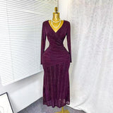 New Sexy Cross-Dress V-Neck Long Sleeves Elastic Mesh Hot Diamond Dress Female Elegant