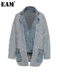 Loose Fit Knitting Denim Stitch Big Size Jacket New Lapel Long Sleeve Women Coat Fashion Tide Autumn Winter 2022