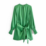 Green Satin Dress Women Elegant Long Sleeve Mini Summer Dress Lady Knot Wrap Evening Short Party