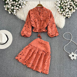 Temperament V-Neck Hollow Embroidered Lantern Sleeve Short Shirt Women Two Sets Hit High Waist Thin Word Half