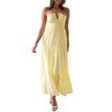 Long Dress Aesthetic Women Solid Color Tie-Up Halter Neck Sleeveless Backless Halter Dress Summer Casual Beach Party