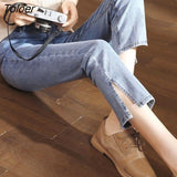 Women Split High-waist Stretchy Flare Skinny Denim Trousers Vintage Fashion All-match Streetwear Causal Simple Ulzzang