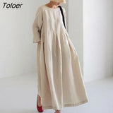 Women Maxi Dress O-neck Long Sleeve Side Pockets Dress Pleated Large Hem Solid Color Loose Autumn Dress Female