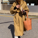 Women Elegant Solid Long Wool Coat With Belt Chic Batwing Long Sleeve Pockets Loose Coat Female Autumn Winter
