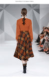Winter Runway Fashion 2 Piece Set Women O-Neck Knitted Pullover Sweater + Vintage Plaid Wollen Big Swing Midi Skirt