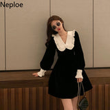 Dress for Women Chic Peter Pan Collar Vintage Vestidos De Mujer Slim Waist Ruffles Velvet Korean Dresses Temperament