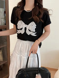 Embroidery Bow Oversized Short Sleeve Tee-Outfit