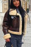 MODA Women Fashion Thick Warm Faux Leather Shearling Jacket Brown Coat Vintage Long Sleeve Flap Pocket Female Chic