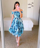 Summer Ladies Sexy Off Shoulder Flower Print Dress Elegant Short Sleeve Elastic Irregular Casual Dress Vestido De