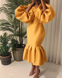 African Large-Size Women's Fashion Pure-Color V-Neck Bubble Long-Sleeved Fishtail Skirt