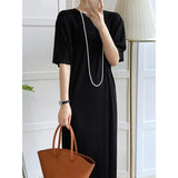 Women Green Pleated Long Big Size Dress New Round Neck Short Sleeve Loose Fit Fashion Tide Spring Summer 2023
