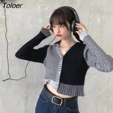 Cardigan Women Vintage Patchwork Harajuku BF Sexy V-neck Slim Sweaters Spring Autumn Long Sleeve Harajuku Fashion