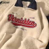 Hip Hop Lamb Wool Letter Embroidery POLO Shirt Sweatshirt Women Winter Tops Retro Streetwear Fashion Teens Clothes