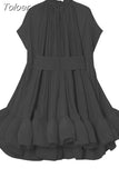 Asymmetrical Solid Mini Dresses For Women Round Neck Short Sleeve High Waist Spliced Plieasted A Line Dress Female