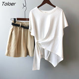 Chic Side Lace Up Asymmetrical T Shirts Women Solid Cotton Tshirts 2021 Summer Korean Style Basic Office Lady Loose