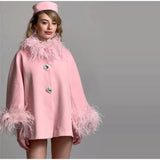 Feather Collar Cape Rhinestone Buttoned Coat-Outfit