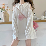 Kawaii White Hoodies Women Japanese Cute Heart Print Off-shoulder Long Sleeve Sweatshirt Soft Girl Korean Fashion