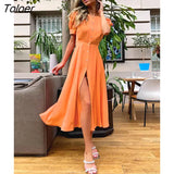 A-Line Office Womens Dress Lantern Sleeves Split Midi Dresses Elegant Ruched Summer Fit Flare Long Dresses