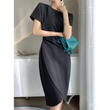 2022 Summer Short Sleeve Bodycon Green Dress Women Elegant Sexy Fold Slim Waist Mermaid Midi Dress 100% Cotton