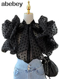 Print White Casual Shirts For Women Stand Collar Short Sleeve Lace Up Bowknot Loose Blouses Female 2022 Fashion