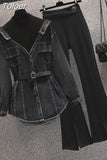 Popular Autumn New Style Personalized Denim Splice Shirt Casual Wide Leg Trousers Two Piece Elegant Women's Pants