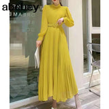 New Spring Summer Temperament half high collar long sleeve Dress high waist lace up waist mid-length A-line Pleated
