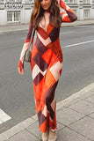 MODA 2023 Fall Sexy Women Fashion Printed Midi Dress Ladies Vintage High Neck Long Sleeve Female Chic Outwear Vestidos