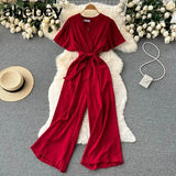 V Neck Jumpsuits Summer Female Irregular Casual Rompers Women Wide leg Summer Overalls