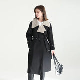Women Color-block Big Size Long Trench New Lapel Long Sleeve Loose Fit Windbreaker Fashion Tide Spring Autumn 2023