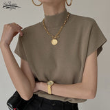 Sleeve Knitted Vest Office Lady Loose Elegant Fashion New Vest Shirt Solid Stand-up Collar Straight Tops Summer
