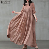 ZANZEA 2022 Vintage Summer Maxi Dress Women's Pleated Sundress Half Sleeve Long Vestidos Female Casual O Neck Robe