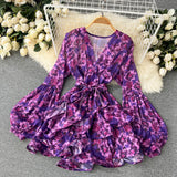 Bohemian Floral Chiffon Dress Women Sexy V-Neck Puff Long Sleeve High Waist Ruffle Vestidos Female Elegant Vacation Beach