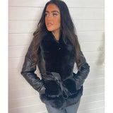 Autumn Winter Tie Belt Slim Jackets Women Elegant Solid Coats Women Faux Fur Collar Patchwork Jackets