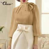 Fashion Women Party Blouse Long Lantern Sleeve Shirt 2022 Autumn Bow Tie Elegant Office Ladies Top Tunic Blusas