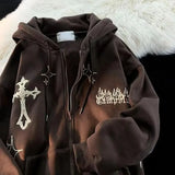 Embroidery Hoodies Women Autumn Harajuku Hip Hop Jacket Zip Up Hoodie Y2K Street Loose Casual Grunge Sweatshirt