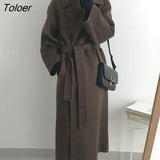 Vintage Belted Wool Coat Woman Thicken Gray Chic Long Jacket Female Winter Autumn Korean Fashion Woolen & Blends