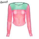 mesh see through long sleeve o-neck crop top striped patchwork asymmetry club party wear t shirts elastic fashion