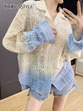 Streetwear Ombre Shirt For Women Lapel Long Sleeve Cut Out Colorblock Blouses Female Fashion Clothes New 2022