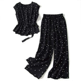 black polka dot chiffon two-piece set outifits top and pants women 2022 new summer Korean wide-leg pants light