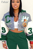 Women Baseball Varsity Bomber Cropped Jacket Hippie Hooded Collar Long Sleeve Color Block Patchwork Pocket Short