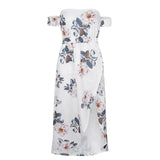 White Print Elegant Vintage Women Dress Sexy Boho Off Shoulder Summer Beach Dress Split Long Casual Midi Dress