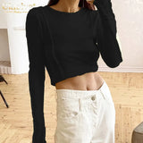 Bodycon White O-Neck Women'S T-Shirt 2021 Elegant Yellow Long Sleeve Fall Tee Shirt Casual Slim Elastic Solid Top