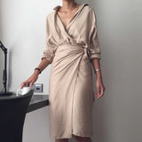 Women Beige Bandage Big Size Midi Shirt Dress New V-Neck Long Sleeve Loose Fit Fashion Tide Spring Autumn 2023