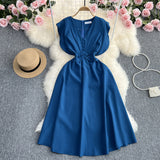 Toloer Fly Sleeve Dress Women's Summer New Design Sense V Collar Waist Show Thin Temperament Big Place French Fairy