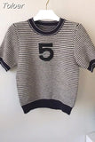 Summer Striped Letter Short-sleeved Thin Sweater Women's Vintage Round Neck Knit Loose Casual Pullover Knitwear Jumper