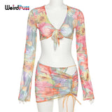Puss Sexy Mesh Colorful Women 3 Piece Set Lace Up Top+Thong+Skirts Matching Summer Vacation Outfits Party Wedding