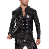 Toloer Men's PU Mirror Bright Leather Long Sleeve Casual Coat Black Slim Strap Stand-Up Collar Leather Jacket-Outfit