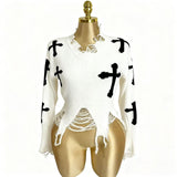 Hole Tuxed Sweater Dark Long Sleeve Loose Knitted