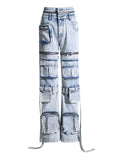 Toloer 2024 New Fashion Personality Hollow Design Sense Deconstruction Pocket Decoration Jeans Pants Two Wear Cargo Pants-Outfit